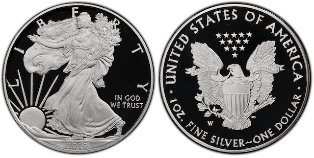 2019-W Proof Silver Eagle showing deep mirror cameo fields and frosted Walking Liberty design devices
