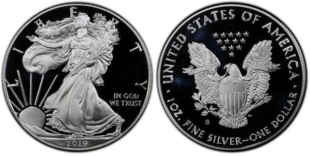 2019-S Proof Silver Eagle showing San Francisco mint mark and deep cameo proof finish