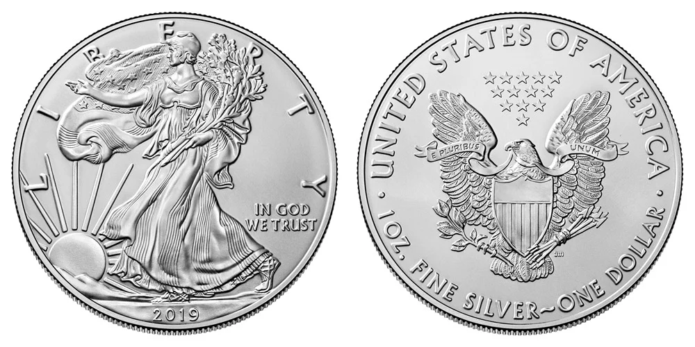 2019 regular bullion Silver Eagle dollar showing standard brilliant uncirculated finish without mint mark